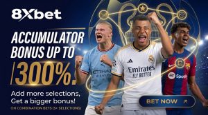 8XBet Accumulator Bonus up to 300% promotional offer