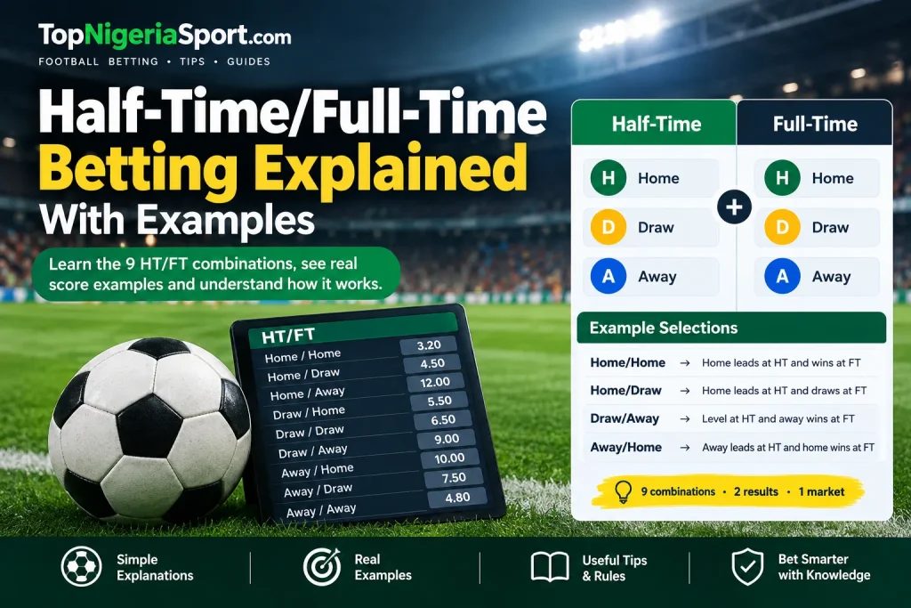 Half-time/full-time betting explained with football score examples and HT/FT selections