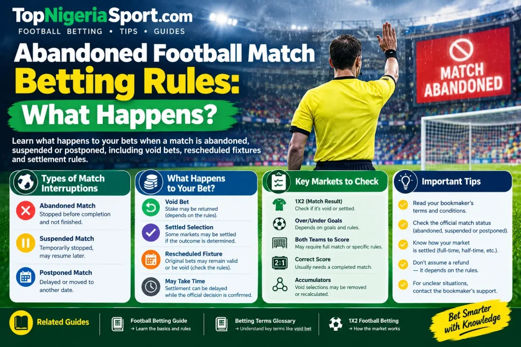 Abandoned football match betting rules explaining how interrupted matches can affect bet settlement.