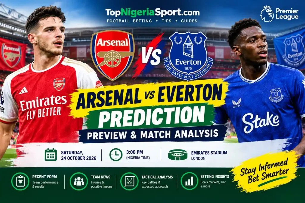 Arsenal vs Everton prediction and match preview featuring both teams ahead of their Premier League match on 24 October 2026