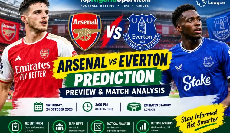 Arsenal vs Everton prediction and match preview featuring both teams ahead of their Premier League match on 24 October 2026
