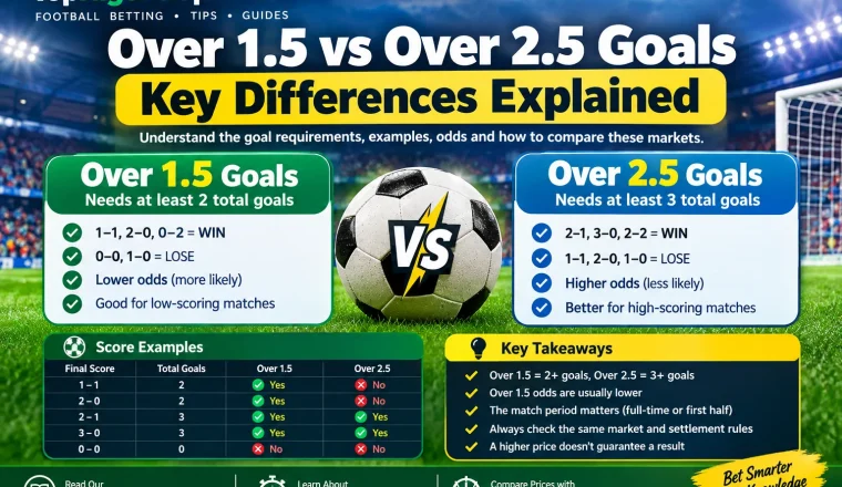 Over 1.5 vs Over 2.5 goals comparison with football score examples and goal requirements